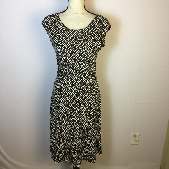 En Focus Studio Midi Dress Sz 10 Womans Brown White Polka Dot Ruched Cap Sleeve - Picture 1 of 12